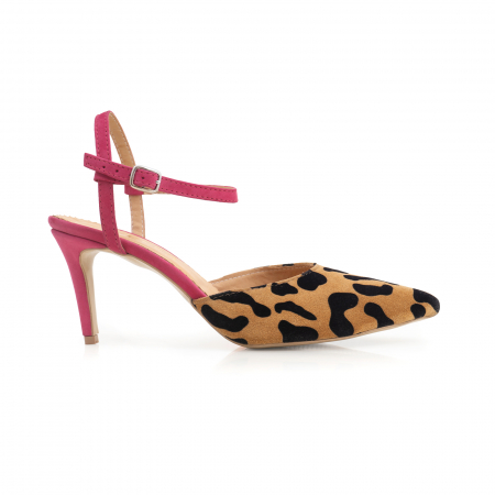 Pantofi - Pantofi stiletto cu barete de sustinere la calacai, din piele inaturala nabuc roz si leopard