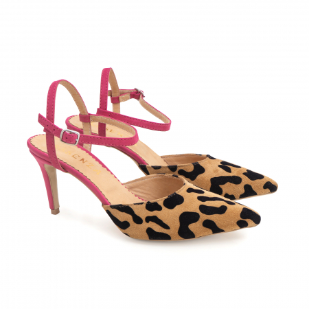 Pantofi stiletto cu barete de sustinere la calacai, din piele inaturala nabuc roz si leopard [1]