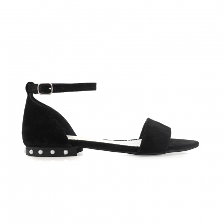 Sandale - Sandale din piele naturala intoarsa neagra, cu perle albe aplicate pe toc