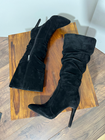 Cizme stiletto, cu pliuri, din piele intoarsa neagra [2]