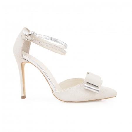 FEMEI - Pantofi stiletto cu funda dubla, din piele naturala intoarsa bej si auriu argintie