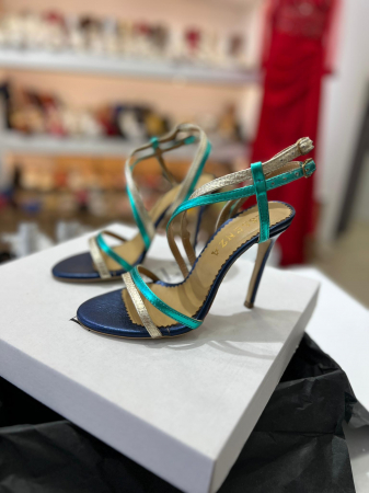 OUTLET PRIMAVARA-VARA - Sandale elegante din piele laminata turcoaz si aurie