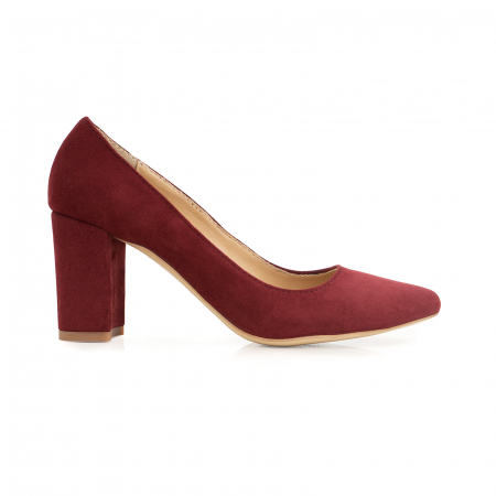 Pantofi - Pantofi cu toc patrat, din piele naturala intoarsa, rosu-burgund 