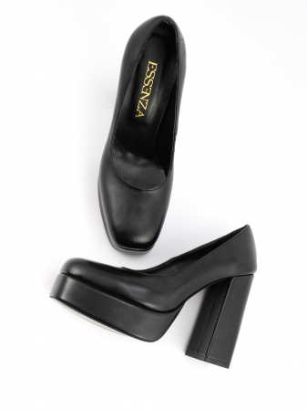 Pantofi - Pantofi din piele naturala, neagra, cu toc gros, varf patrat