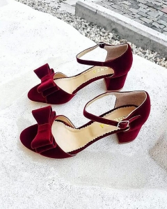 FEMEI - Sandale din catifea burgundy, cu funde duble