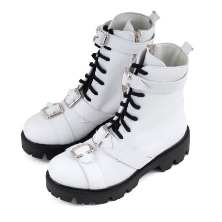Bocanci cu catarame metalice, din piele alba texturata [2]