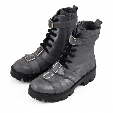 Bocanci cu catarame metalice, din piele gri glitter [2]