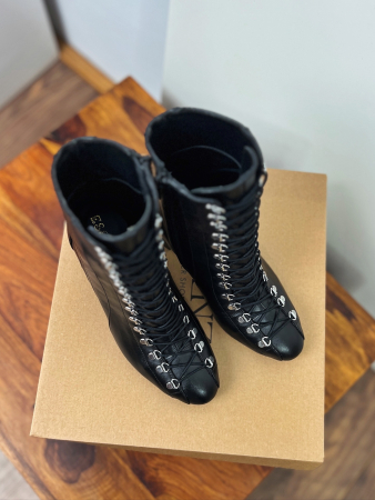 Botine cu siret si capse metalice, din piele naturala neagra toc patrat [2]