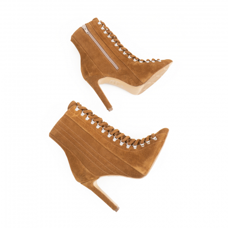 Botine Stiletto cu siret si capse metalice, din piele intoarsa maron coniac [2]
