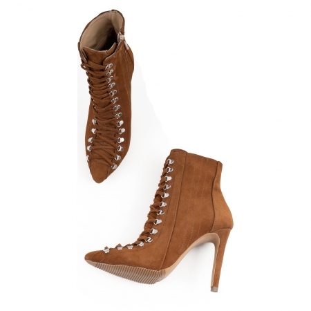 Botine Stiletto cu siret si capse metalice, din piele intoarsa maron deschis - Copie [3]