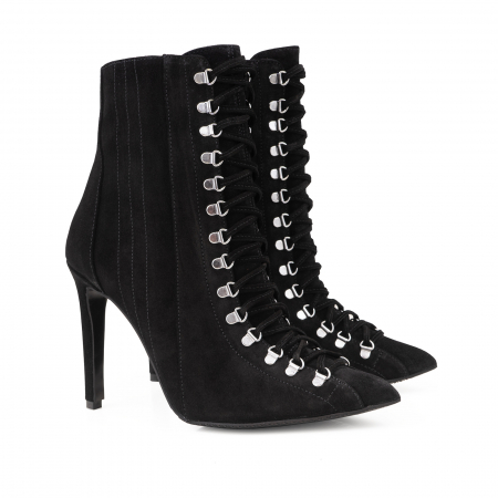 Botine Stiletto cu siret si capse metalice, din piele intoarsa neagra [1]