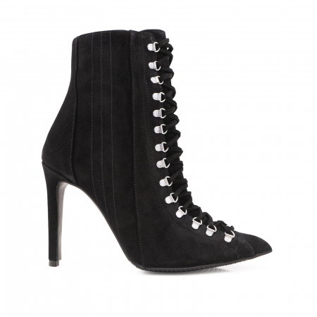 FEMEI - Botine Stiletto cu siret si capse metalice, din piele intoarsa neagra