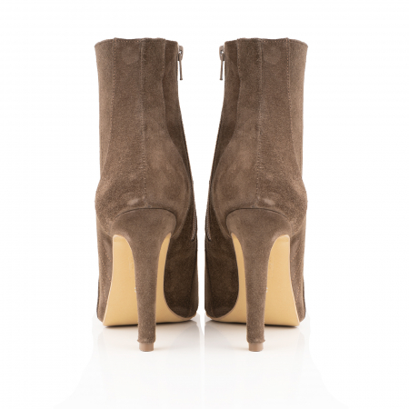 Botine Stiletto cu siret si capse metalice, din piele intoarsa taupe [3]