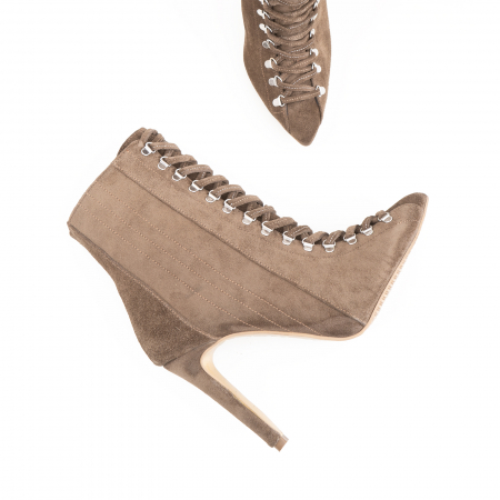 Botine Stiletto cu siret si capse metalice, din piele intoarsa taupe [2]