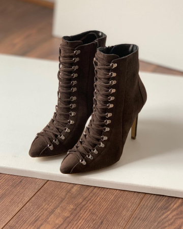 REDUCERI - Botine Stiletto cu siret si capse metalice, din piele naturala intoarsa maron cafeniu - Copie