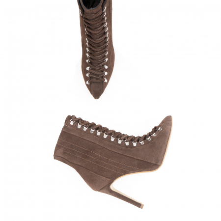 Botine Stiletto cu siret si capse metalice, din piele naturala intoarsa maron cafeniu [6]