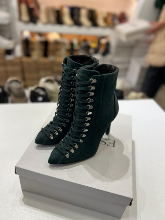 Botine Stiletto cu siret si capse metalice, din piele naturala intoarsa, verde [2]