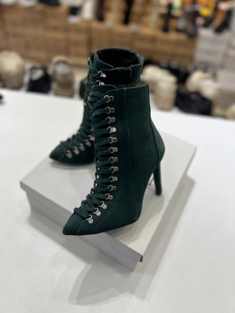 Botine Stiletto cu siret si capse metalice, din piele naturala intoarsa, verde [1]