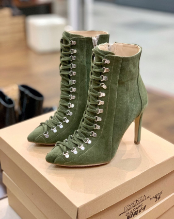 FEMEI - Botine Stiletto cu siret si capse metalice, din piele naturala intoarsa vernil