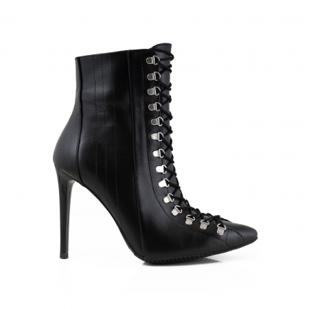 FEMEI - Botine Stiletto cu siret si capse metalice, din piele naturala neagra