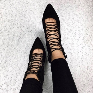 Insta Shop - Botine stiletto cu stiret, din piele intoarsa neagra