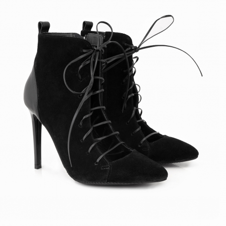 Botine stiletto cu stiret, din piele intoarsa si piele box neagra [1]