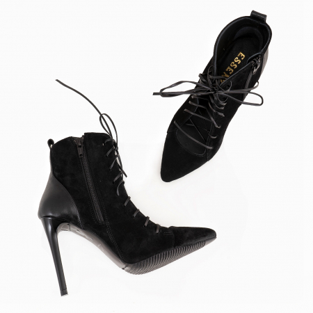 Botine stiletto cu stiret, din piele intoarsa si piele box neagra [2]