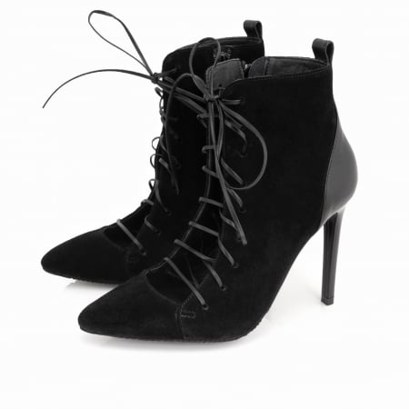 Botine stiletto cu stiret, din piele intoarsa si piele box neagra [3]