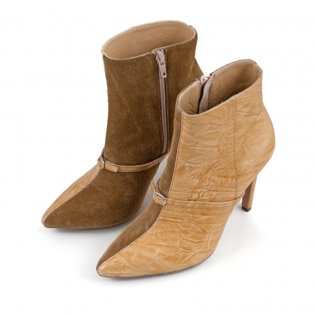 Botine Stiletto din piele intoarsa maron mustar si piele lacuita camel cu umbre [2]