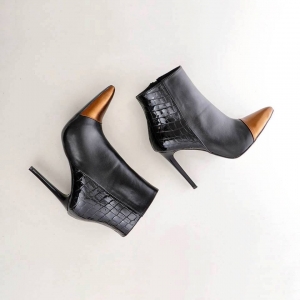 Ghete - Botine Stiletto din piele neagra si piele metalizata bronz