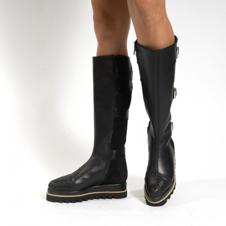 Cizme Everest, cu catarame, din piele naturala neagra, piele intorsa si piele texturata neagra [3]