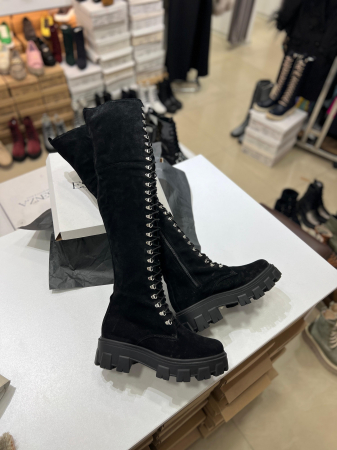 Cizme peste genunchi, cu talpa inalta tip bocanc, din piele naturala intoarsa neagra [2]