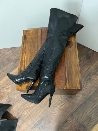 OUTLET TOAMNA-IARNA - Cizme Stiletto peste genunchi, din piele naturala negru sarpe