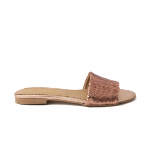 Slapi - Flip flops din piele naturale nude roze si textil cu paiete roz