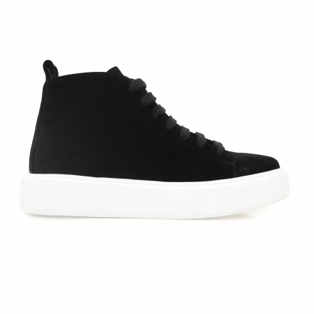 SNEAKERS - Bascheti cu talpă alb groasă, realizati din piele naturală intoarsa neagra