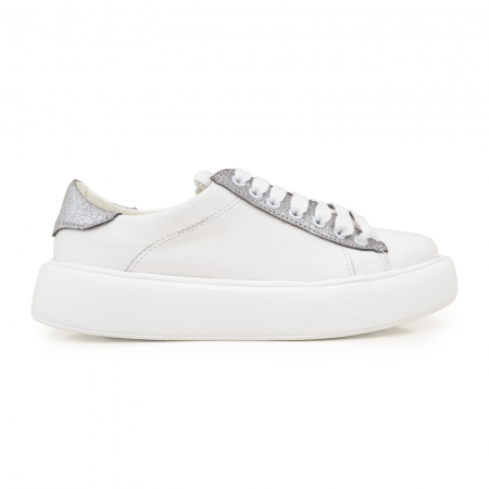 SNEAKERS - Pantofi cu talpă groasă, realizati din piele naturala alba si argintiu glitter