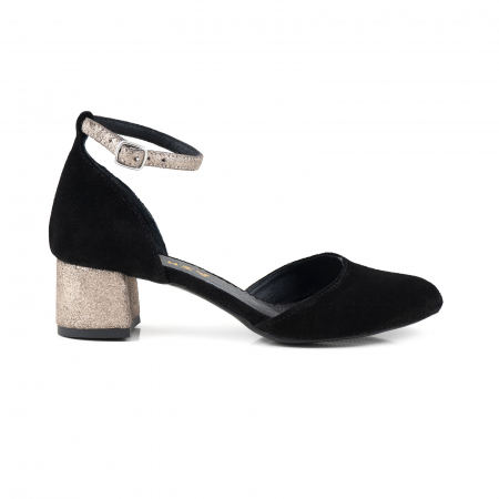 Pantofi - Pantofi cu varf rotund, cu decupaj si bareta la calcai, din piele intoarsa neagra si piele auriu glitter.