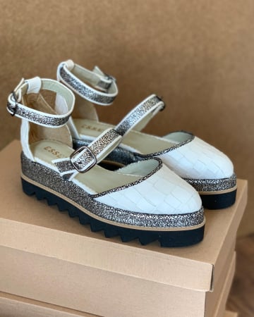 Sandale talpa chunky - Pantofi decupati, din piele naturala cu textura tip croco si piele texturata in nuante de negru si argintiu