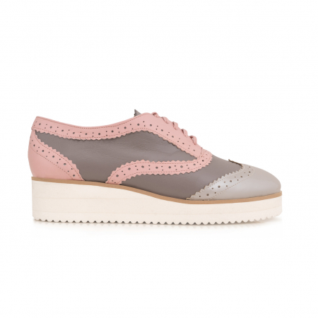 Casual - Pantofi oxford,din piele si piele lacuita in nuante de roz pal si gri