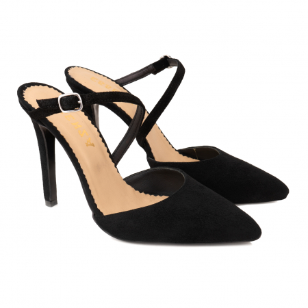Pantofi stiletto decupati, cu bareta, din piele intoarsa neagra [3]