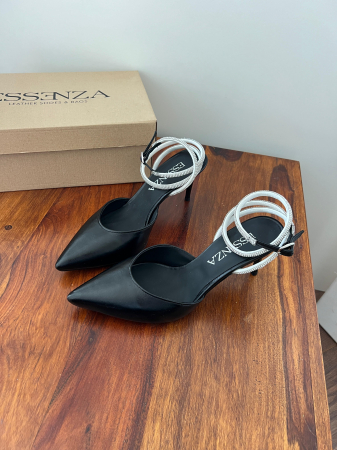 Pantofi stiletto decupati, din piele naturala neagra si barete de cristal la glezna [3]