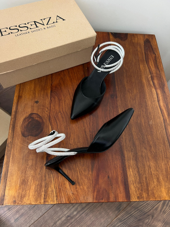 Pantofi - Pantofi stiletto decupati, din piele naturala neagra si barete de cristal la glezna