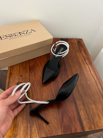 Pantofi stiletto decupati, din piele naturala neagra si barete de cristal la glezna [1]