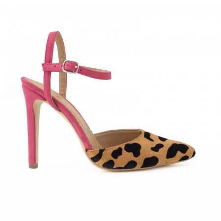 Pantofi - Pantofi stiletto din piele intoarsa cu animal print si piele nabuc roz ciclam.