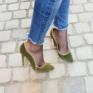 FEMEI - Pantofi stiletto din piele intoarsa kaki cu paspol beige