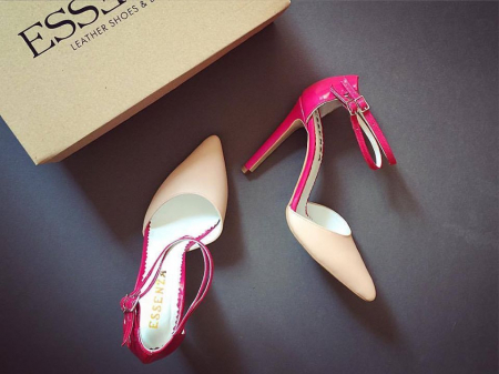 FEMEI - Pantofi stiletto din piele nabuc roz si piele intoarsa crem, cu decupaj interior si exterior