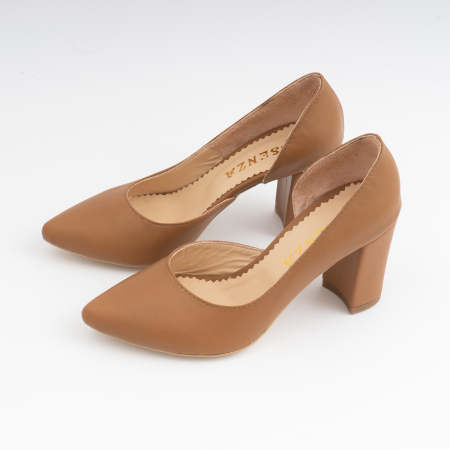 Pantofi stiletto din piele naturala maron camel, cu decupaj interior. [1]