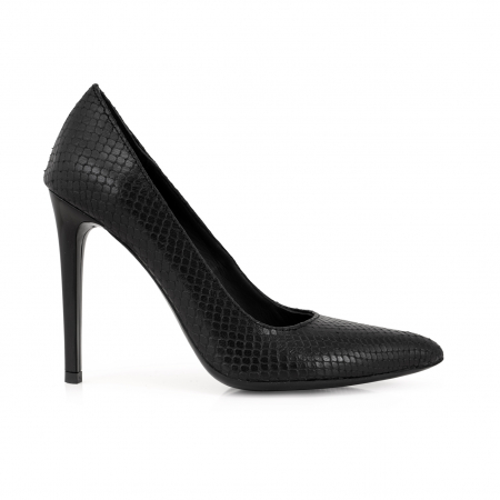 FEMEI - Pantofi Stiletto din piele naturala neagra cu aspect tip sarpe