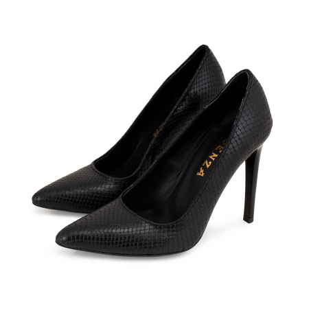 Pantofi Stiletto din piele naturala neagra cu aspect tip sarpe [1]