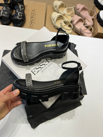 Sandale cu talpa groasa si barete cristal, din piele naturala, negru box [1]